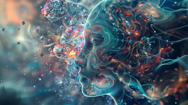 modern graphics digital illustration, generative AI representation, center composition, various AI generated images emerging from the center