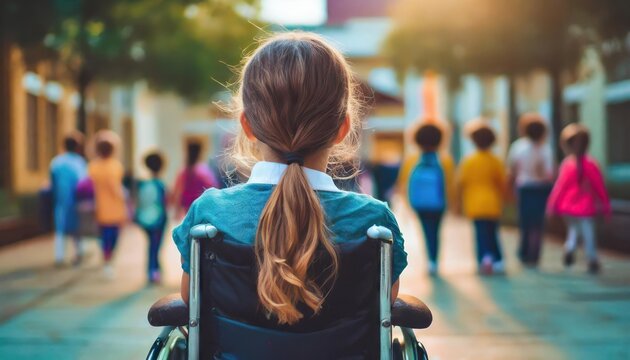  back view young girl in a wheelchair looking longingly at children playing in the schoolyard