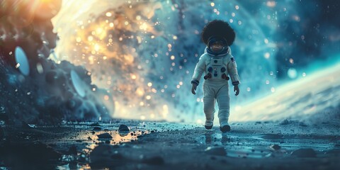 Fototapeta premium ethnic African American baby astronaut with afro hairstyle wearing Extravehicular Mobility Unit and helmet walking in outer space against spaceship