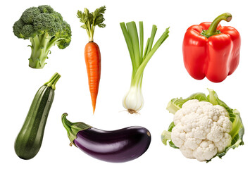 Carrot, zucchini, broccoli, cauliflower, bell pepper, eggplant, leek, avocado. Keto diet PNG transparent background