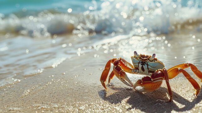 Illustrate the delightful sight of a crab taking a stroll on the sandy shores in a prompt
