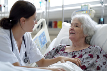 Fototapeta premium Nurse take care of old senior sick woman patient at hospital room. International Nurses Day concept.