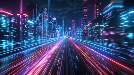 Fototapeta na wymiar futuristic city highway with colorful light trails of digital data transfer 3d illustration