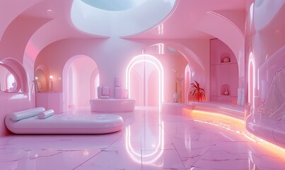 AI Generated Image. Surreal futuristic interior with pastel pink design elements