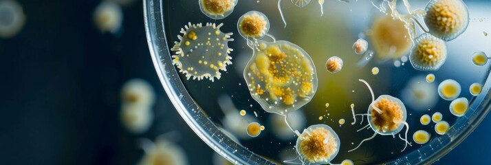 Various types of bacteria in a petri dish under a microscope