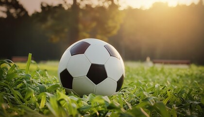 Fototapeta premium A soccer ball lies on the green grass