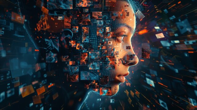 modern graphics digital illustration, generative AI representation, center composition, various AI generated images emerging from the center