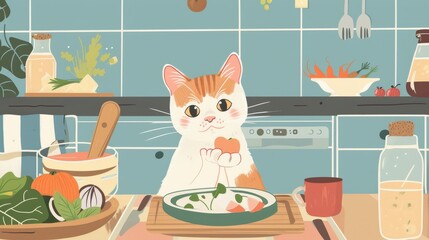 A cartoon cat is sitting on a kitchen counter. The cat has one paw in a bowl of food, and is looking at the camera.