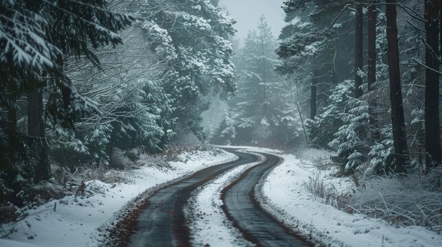 Illustrate the enchanting winter scenery with a prompt featuring a snow-covered road winding through the landscape
