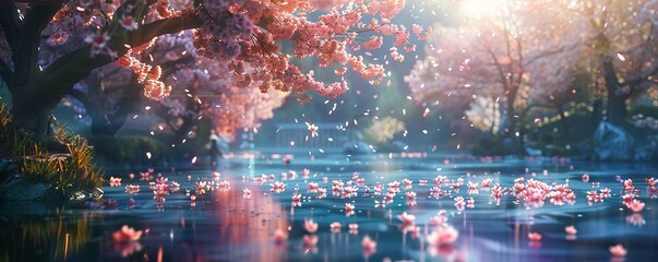Fototapeta premium Asian garden with sakura trees and pond. Landscape with cherry blossom falling in lake with bokeh light. Springtime fine art background.