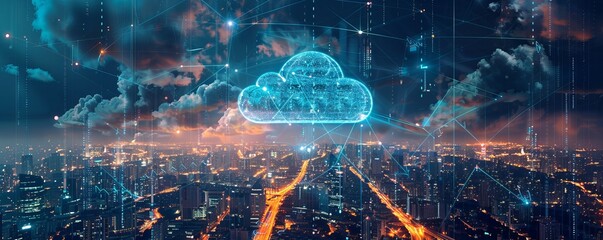 Generative AI image of cloud computing and digital data transfer with computing networked across cities country and globe with virtualization approach