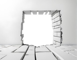  Hole breaking through white wall, cut out 