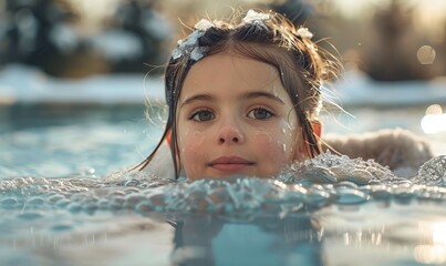 Young girl playing and swimming in an outdoor pool in winter. - obrazy, fototapety, plakaty