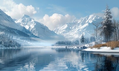 winter landscape with mountains and lake