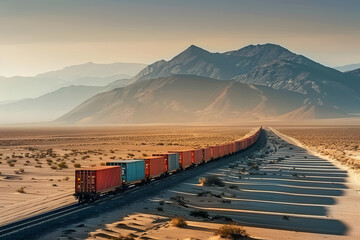 A cargo train traversing a barren, sun-scorched desert landscape, the train's long chain of containers casting elongated shadows, while a distant mountain range looms on the horizon