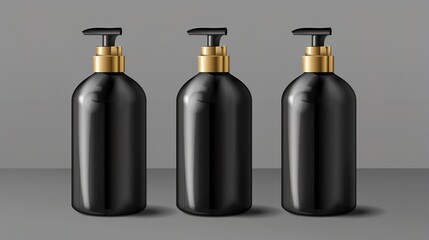 Elegant black dispenser bottles with gold pumps on a dark background