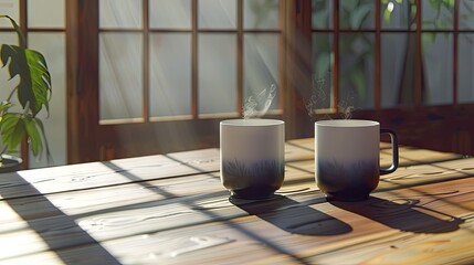 Serene Morning: White Coffee Mug on Wooden Table