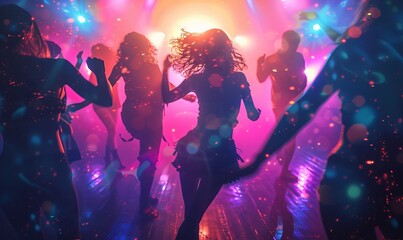 Retro dance party with friends dancing and having a great time laughing at the disco