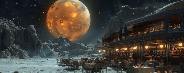 Fine dining restaurant on a planet or moon in outer space