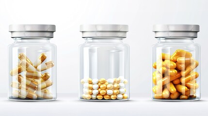 Transparent glass bottles with various pills on a white background