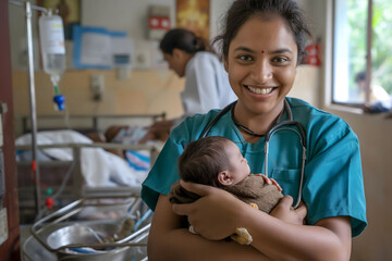 Happy nurse midwife holds newborn baby in arms at hospital. International Nurses Day concept.