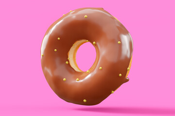 Chocolate glazed donut with sprinkles on a pink background