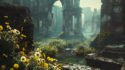 a destroyed ancient roman city with flowers