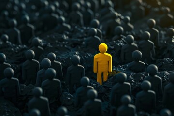 A conceptual image depicts a distinctive yellow figure standing out amidst a sea of dark silhouettes, symbolizing brand differentiation and the ability to stand out from the competition