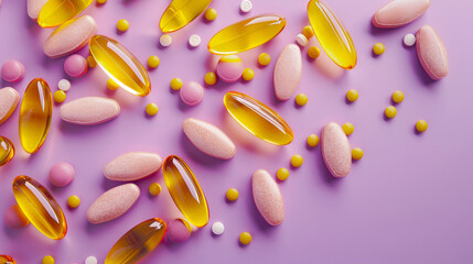 fish fat pills capsules vitamins omega 3 or hyaluronic acid are nutrients  on purple background 