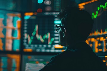 A man engaged in trading sits in front of a PC screen, immersed in financial data and market analysis