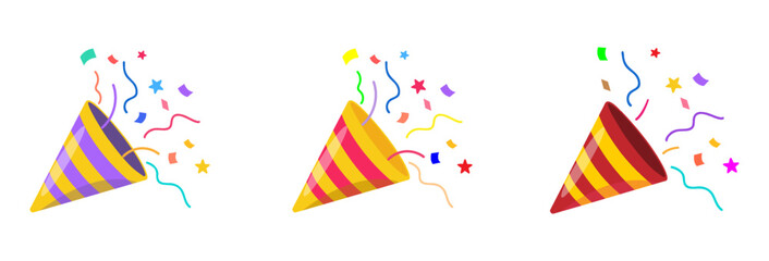 Obraz premium Confetti party popper icon, fireworks logo, cap, flat design. Vector illustration isolated on white background.