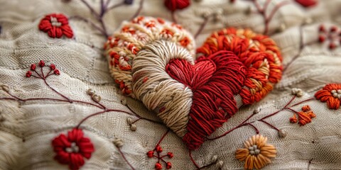 Beautifully Embroidered Vintage Textile with Love Heart. Valentine&acirc;&euro;&trade;s Day Background.