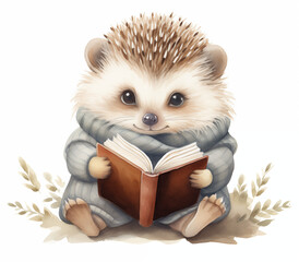 Cute smart hedgehog in gray jumper reading a book. Animal Maskot, Character - watercolour illustration isolated on white background. Muted Tones.