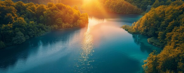Aerial view of Plitvice National Park in Croatia at sunset.