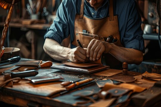 Master tanner in his leather workshop working on a leather wallet