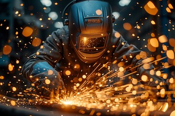 In an industrial workshop, a welder employs tools and protective gear, crafting steel with bright sparks.