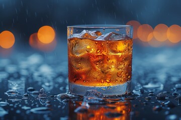 An enticing bourbon cocktail with ice, set against a dark bar background, promising a refreshing sip.