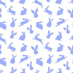 Easter seamless pattern of blue rabbit silhouettes in different actions. Festive Easter bunnies design. Isolated on white background. For Easter decoration, wrapping paper, greeting, textile, print