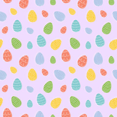 Seamless pattern of colorful Easter eggs with hand-drawn details. Continuous one line drawing. Isolated on purple backdrop Festive design. Easter decoration, wrapping paper, greeting, textile, print