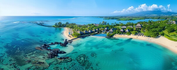 Aerial drone view of 5 star resort Shangri - La Le Touessrok with sandy beach, white villas and...
