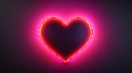 Pink neon light heart shape on night brick wall.