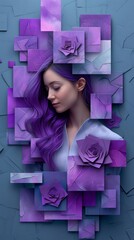 Create a digital art image of a beautiful woman with long purple hair