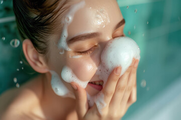 Young woman applying face wash and cleaning face