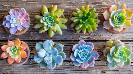 Vibrant Succulent Collection for Sustainable Indoor Gardening on Rustic Wooden Table