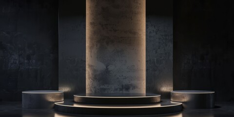 Three black podiums on a dark background for various products