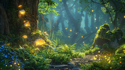 Magical forest with lights and a forest in the background
