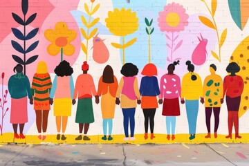 A diverse group of women holding hands in solidarity in front of a colorful mural