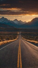 Sunset on a road surrounded by mountains