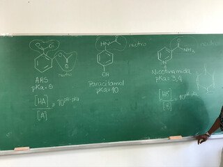real blackboard with chemical structures written during class for pharmacy class