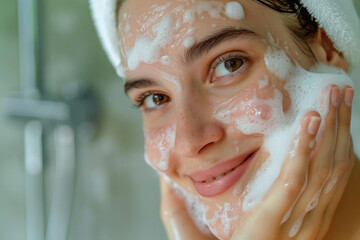 Young woman applying face wash and cleaning face